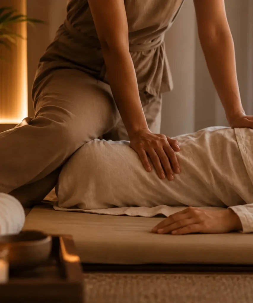 Therapeutic Thai massage treatment in a candlelit spa room at Samaraya, Koh Samui