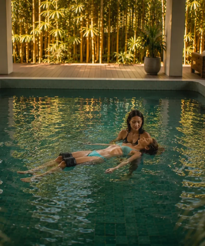 Watsu aquatic therapy session in a warm pool at Samaraya wellness resort, Koh Samui